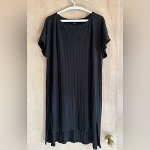 Eileen Fisher Black Stretch Rib Hi-Low Dress L Tencel Short Sleeve